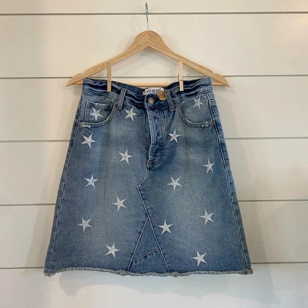 VELVET HEART Denim Skirt Stars Distressed